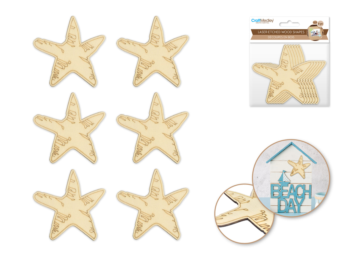 Wood Craft: Laser-Etched Wood Shapes x6 C) Starfish