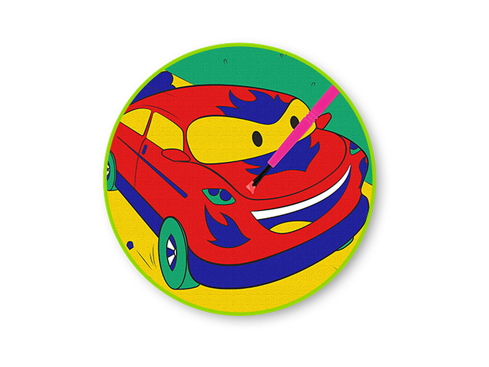 Krafty Kids Kit: 3.9"x5.9" DIY Canvas Panel on Easel w/4 Paint Pots+Brush F) Cars