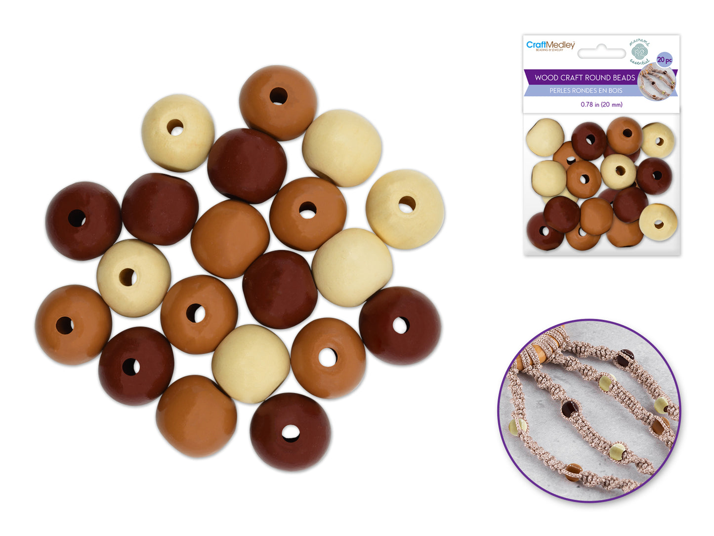 Craftwood: Round Beads Natural Wood Stained Asst F) 20mm 20pc