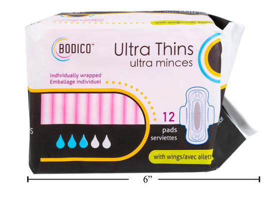 Bodico Ultra Thin Pads w Wings, 12pc/bag, ind-wrapped, 24.5x15.5cm