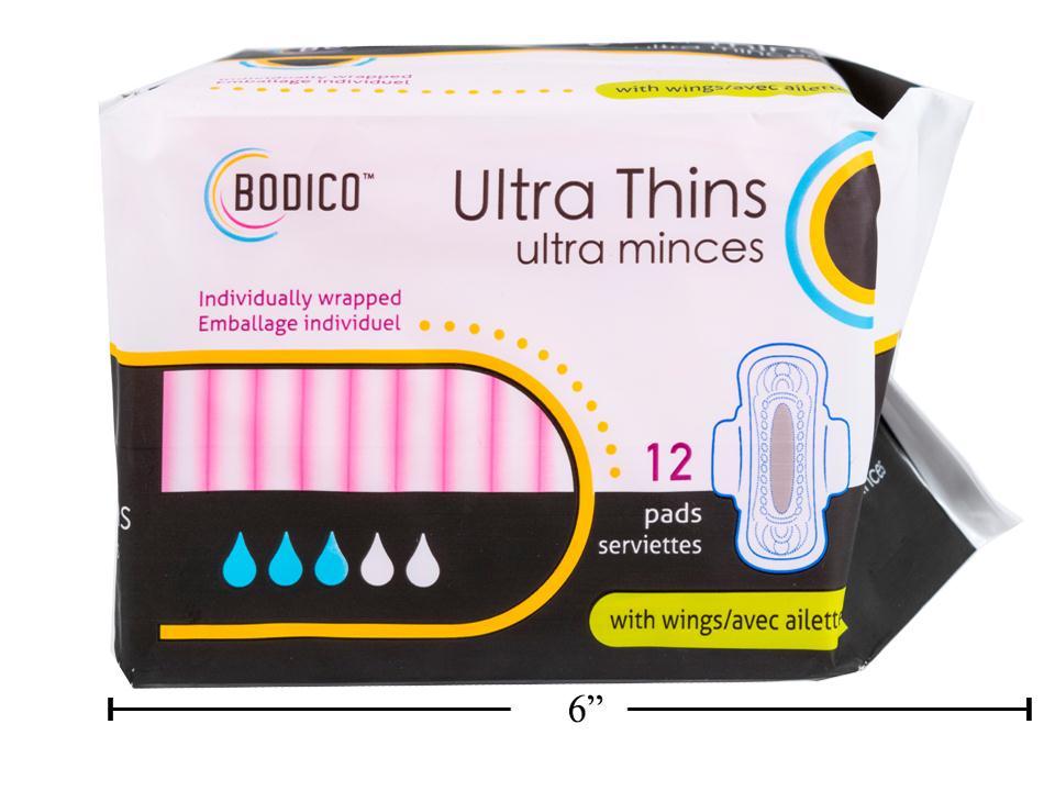 Bodico Ultra Thin Pads w Wings, 12pc/bag, ind-wrapped, 24.5x15.5cm