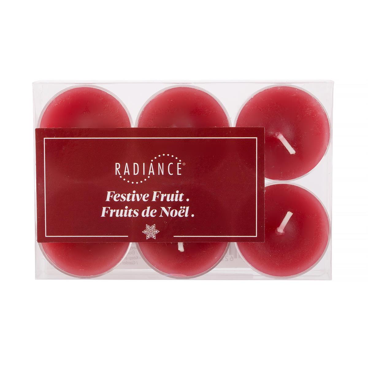Radiance 6pk Scented Tealights, Festive Fruit, Clear Cup, PVC Box