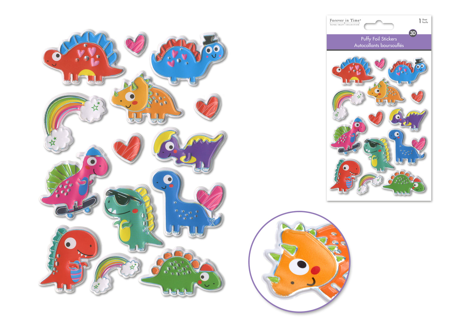 Paper Craft Stickers: 4.3"x6.1" Foil Puffy A) Dino