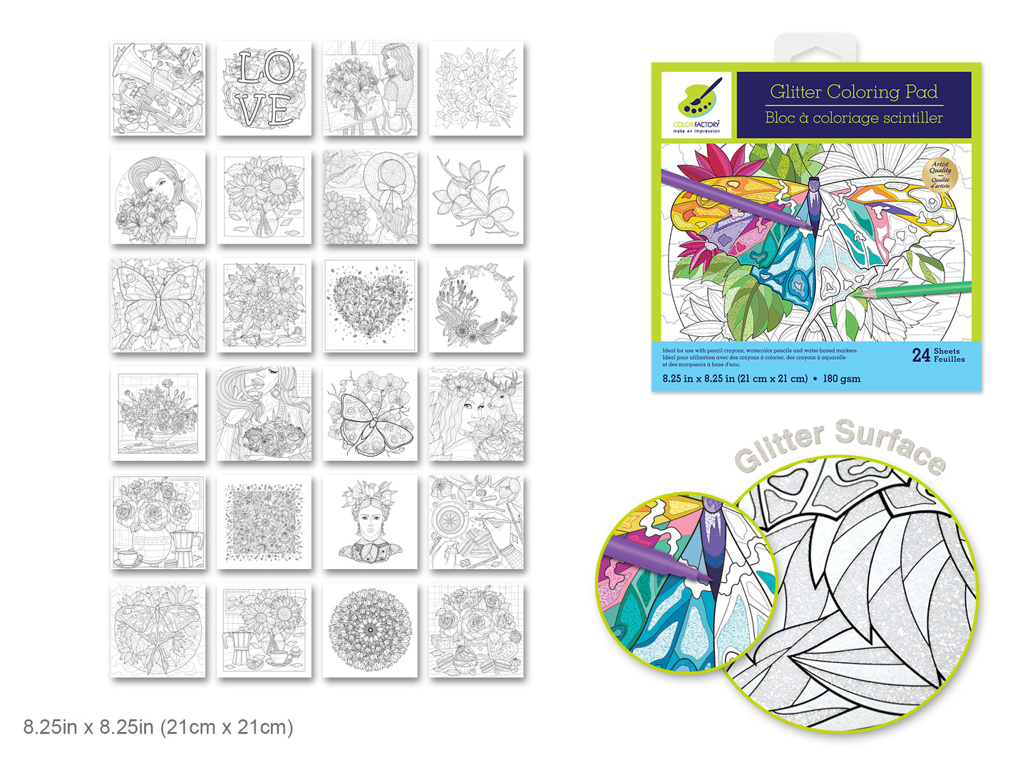 Color Factory: Glitter Coloring Pad 8.25"X8.25" 180Gsm 24Sht F) Floral Glam