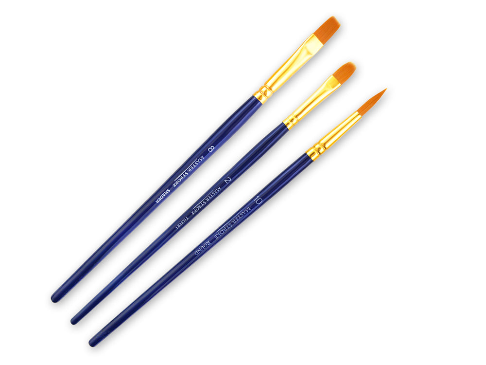 Artist Brush Set: Master Stroke Set x3 Versatility2 GoldenNylon Flat#8+Rnd#10+Fil#2