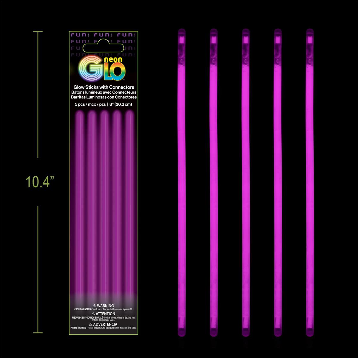 Neon Glo, Purple, 5 pack, 8" Glow Sticks with Connectors, Foil Pack