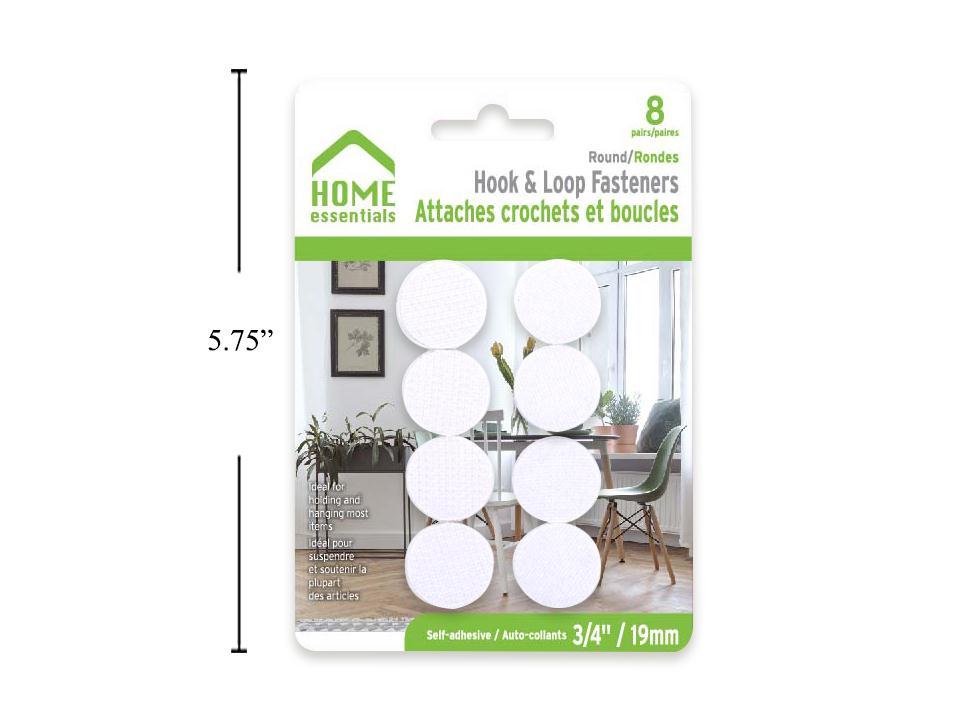 H.E. 8-pr. Hoop & Loop Fasteners, 3/4" Round, White, b/c