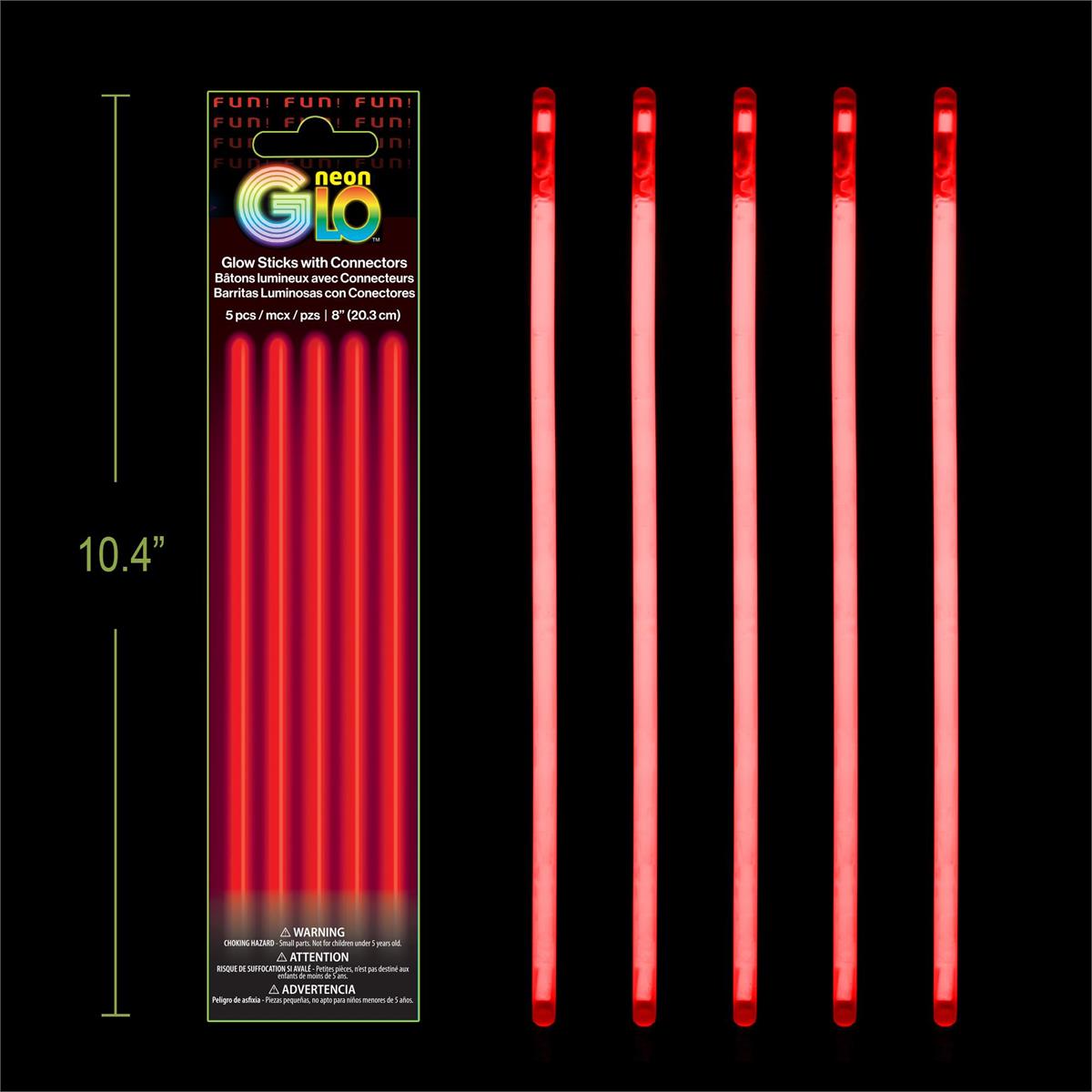 Neon Glo, Red, 5 pack, 8" Glow Sticks with Connectors, Foil Pack