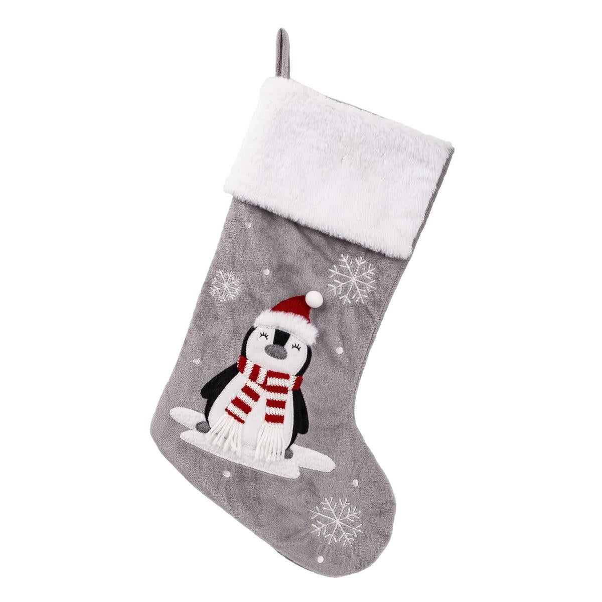 S.Secrets Velvet stocking w/Penguin Embriodery,Faux Fur Cuff, 20", cht