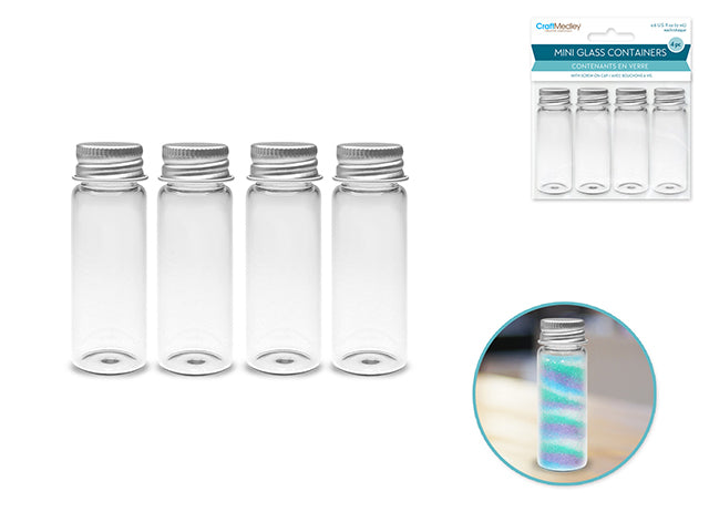 Glass Bottles: 22x65mm (17ml) Mini Containers w/Matte Aluminum Cap x4