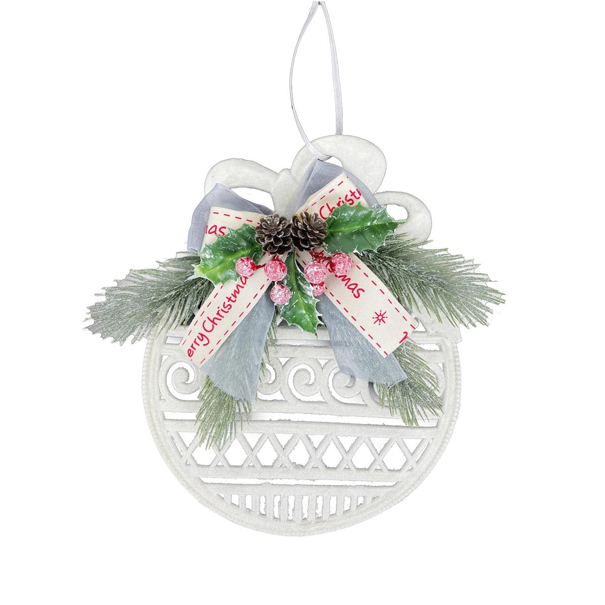 Deco N Christmas White Ornament Shape Hanging Décor w/Mini Pine Cone & Ribbon , 9x7.85", cht