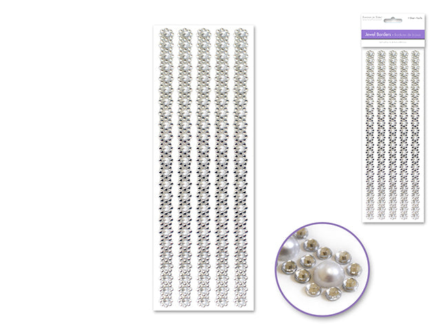 Paper Craft Sticker: 10cmx27cm Jewel Borders F) White Pearl Floral
