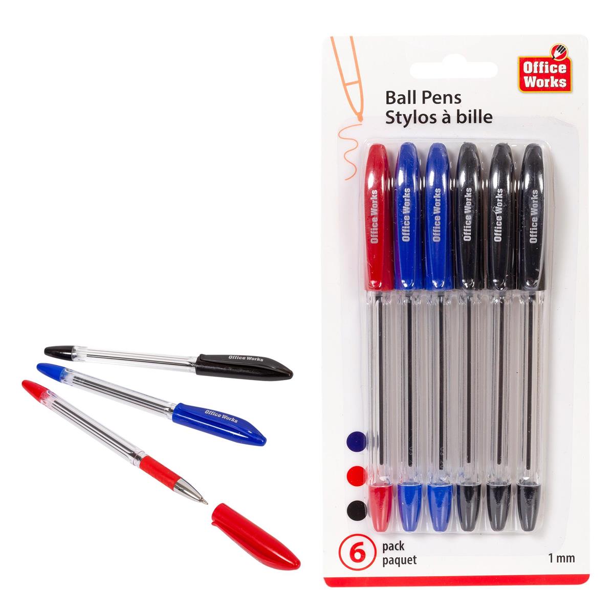 O.WKs. 6-Pc Ball Pens, b/c 1 red, 2 blue, 3 black