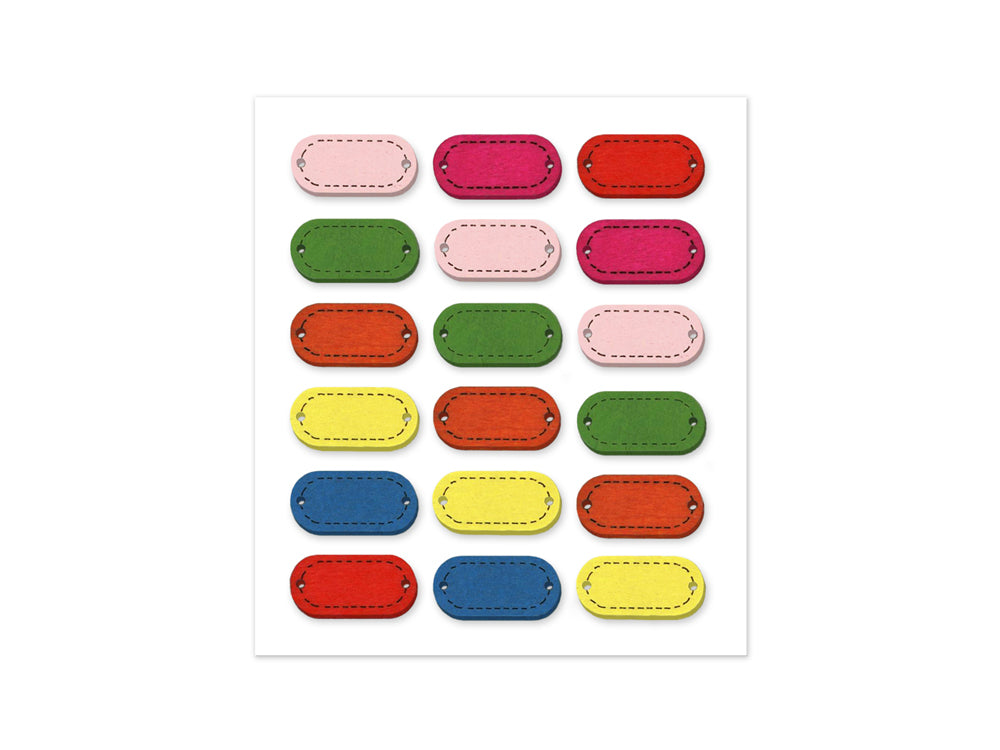 Paper Craft Sticker: 0.9"x0.4" 3D Wood Stitch Tags 18pc A) Pastel Blend