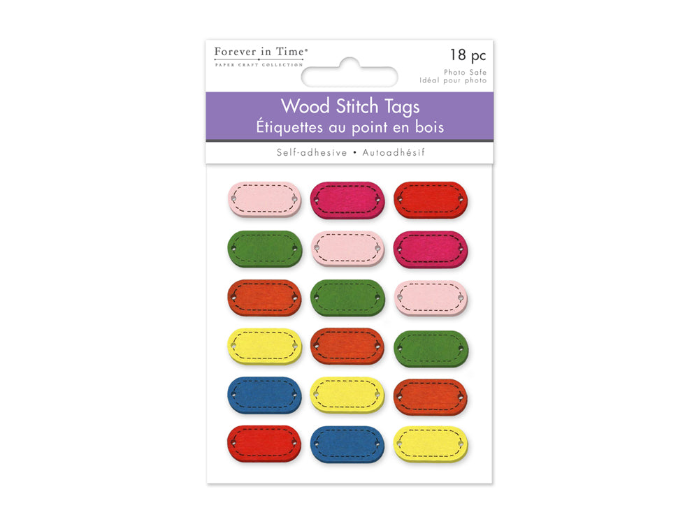 Paper Craft Sticker: 0.9"x0.4" 3D Wood Stitch Tags 18pc A) Pastel Blend