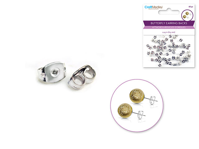 Jewelry Findings: 6.5mm Silver Butterfly Earring Back x60