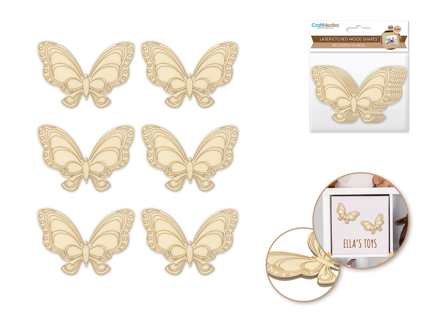 Wood Craft: Laser-Etched Wood Shapes x6 G) Butterfly