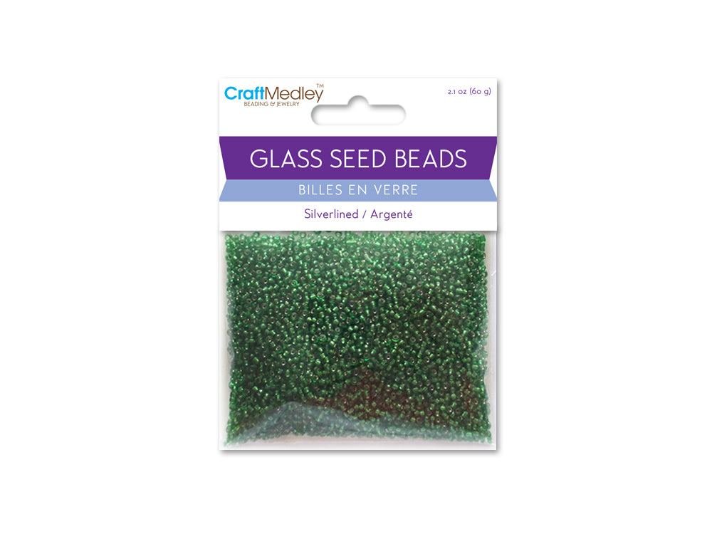 Glass Seed Beads: 12/0 Silverlined 60Gms E) Emerald