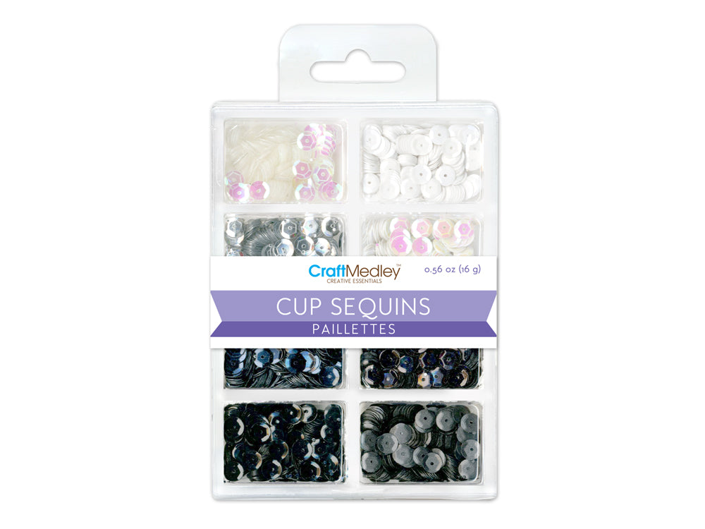 Craft Medley: 6mm Cup Sequins 25g Plastic Case 8-comp A) B&W Classic