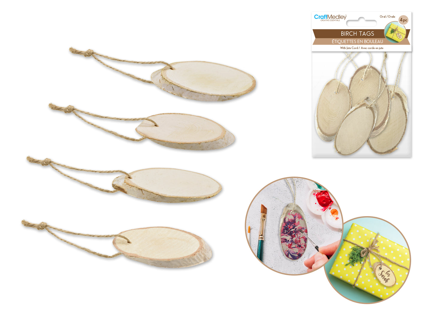 Craftwood: 7cmx4cm Birch Oval Tags/Orns 4pc w/Jute Cord