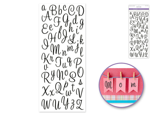 Paper Craft Sticker: 5"x12" Letters & Numbers Medley Clear Q) Letters Black Cursive