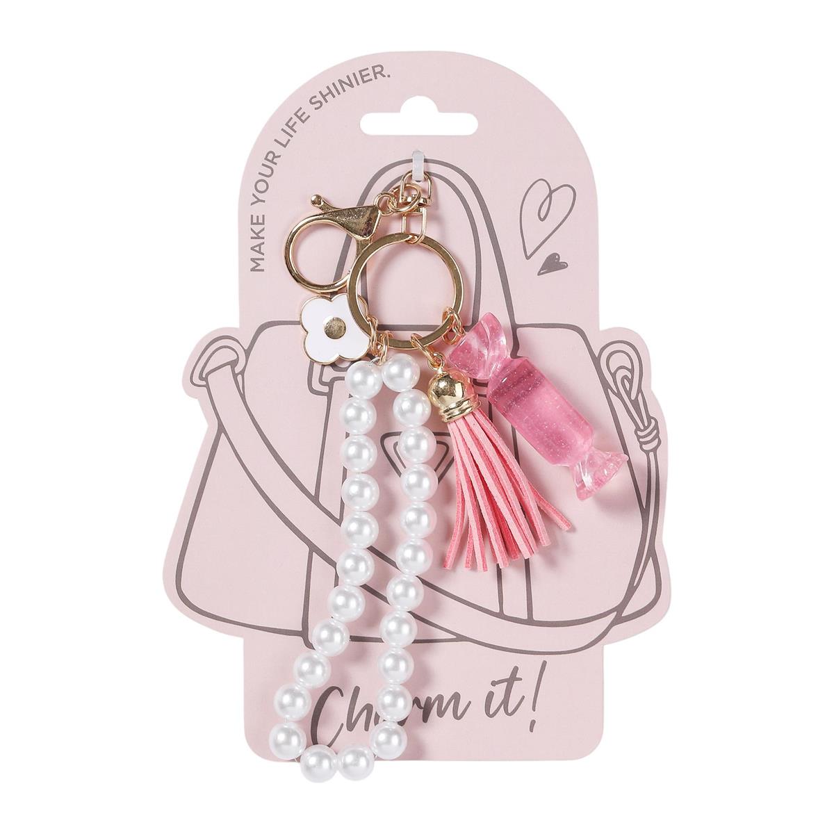 Bodico, Pearl Bag Charm w Enamel Flower and Tassel, hc