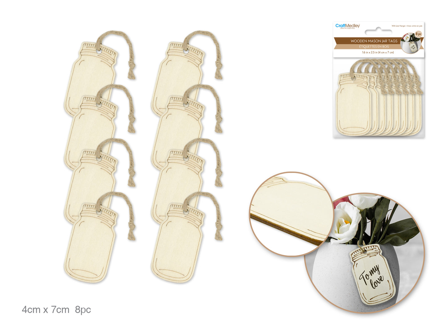Wood Craft: Etched Mason Jar Tags w/Jute Cord A) 4cm x 7cm 8pc