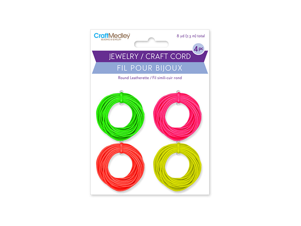 Jewelry/Craft Cord: 1mmx8yds Leatherette Round 4-col Asst C) Neon Asst