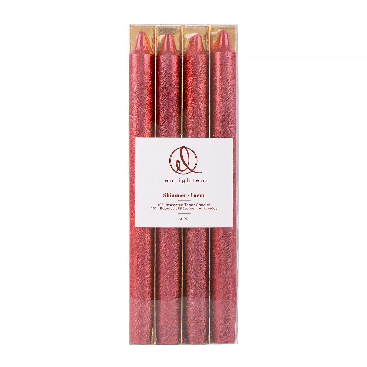 Enlighten 4pk 10" Shimmer Red Taper Candle, pvc box