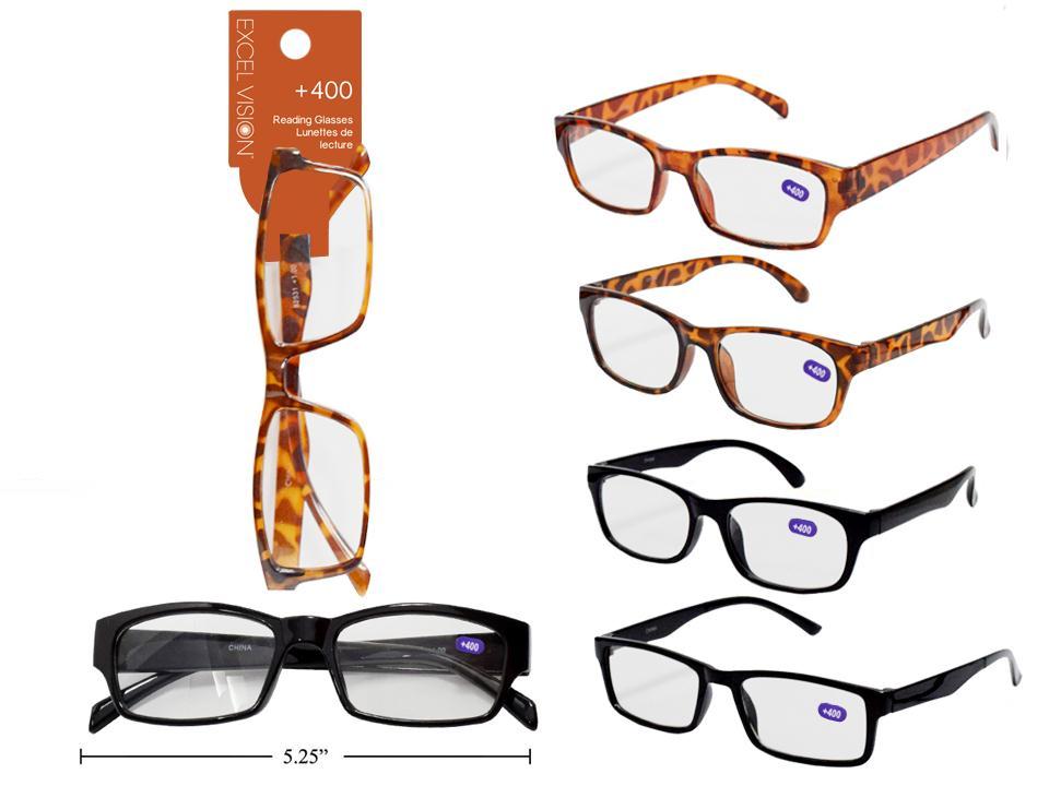 Excel Vision +400 Reading Glasses, 3 styles 2col, header card+opp bag
