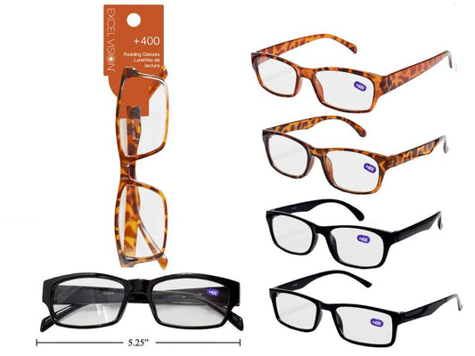 Excel Vision +400 Reading Glasses, 3 styles 2col, header card+opp bag