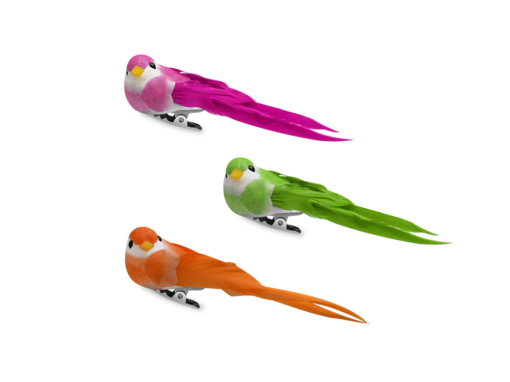 Craft Decor: 3.25" Mini Longtail Bird x3 w/Gator Clip B) Tropical