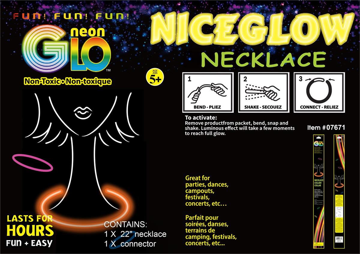 Neon Glo One-piece 22" Necklace, 5 Color Foil pack
