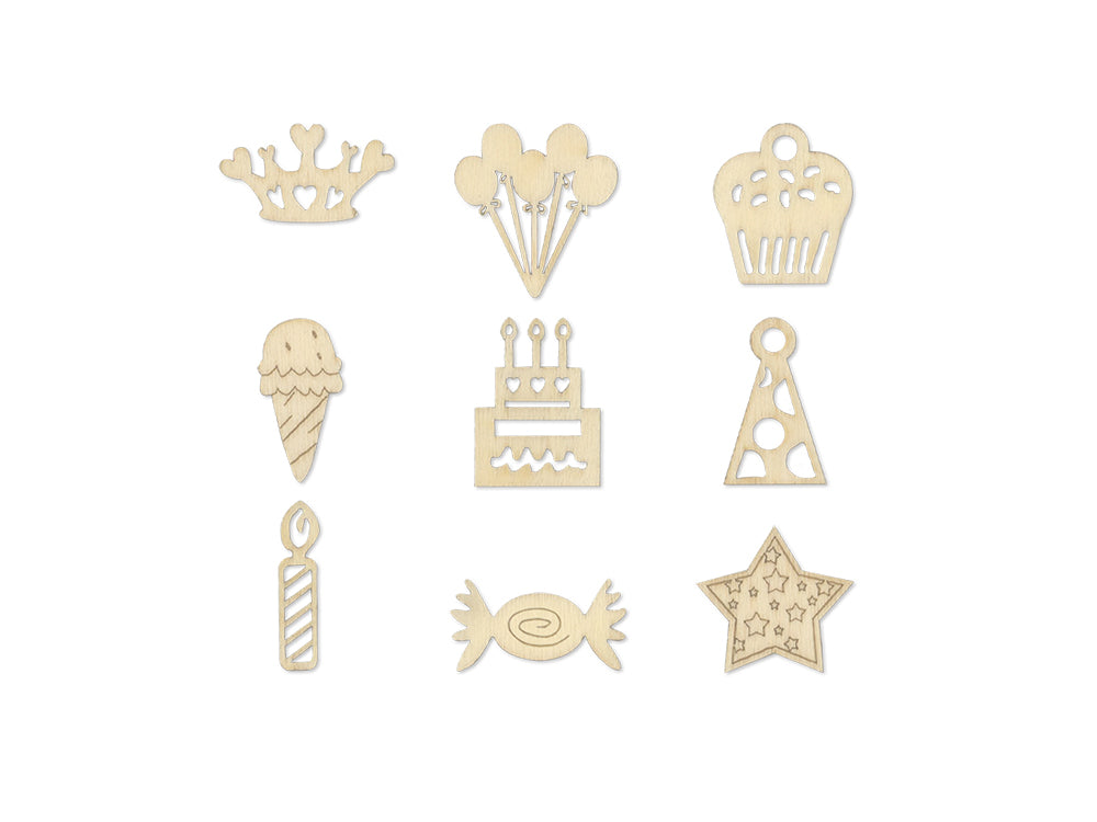 Paper Craft Emb: 45pc Mini Wood Emb in 9-Comp Box E) Birthday