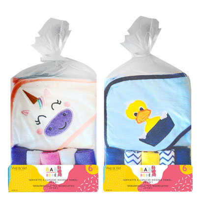 HOODED TOWEL & WASHCLOTHS-6PCS-30X36-2 ASST.