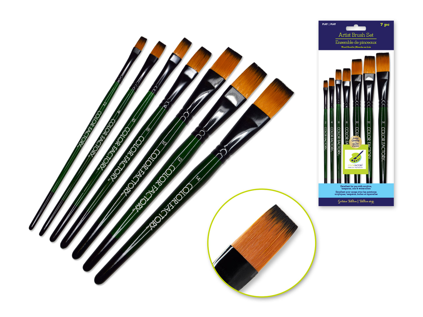 Artist Brush Set: 'Fierce' Art Set x7 Wood Handle A) Flat