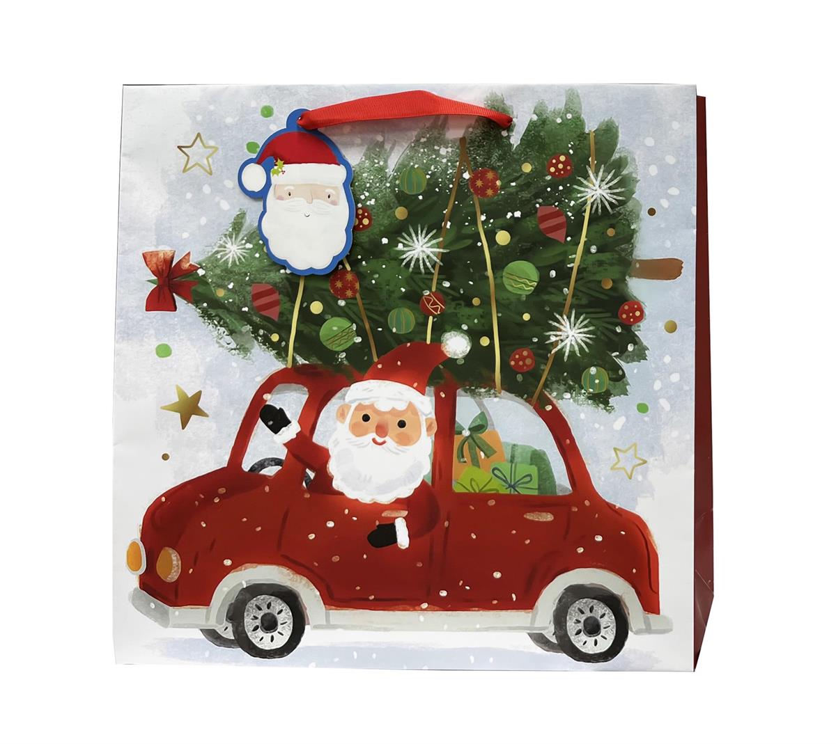 Paper T. Xmas Gift Bag, Car w/Tree, Jumbo Square, Matte, j-hook+tag 13.5"x13.5"x4.75", 157gsm