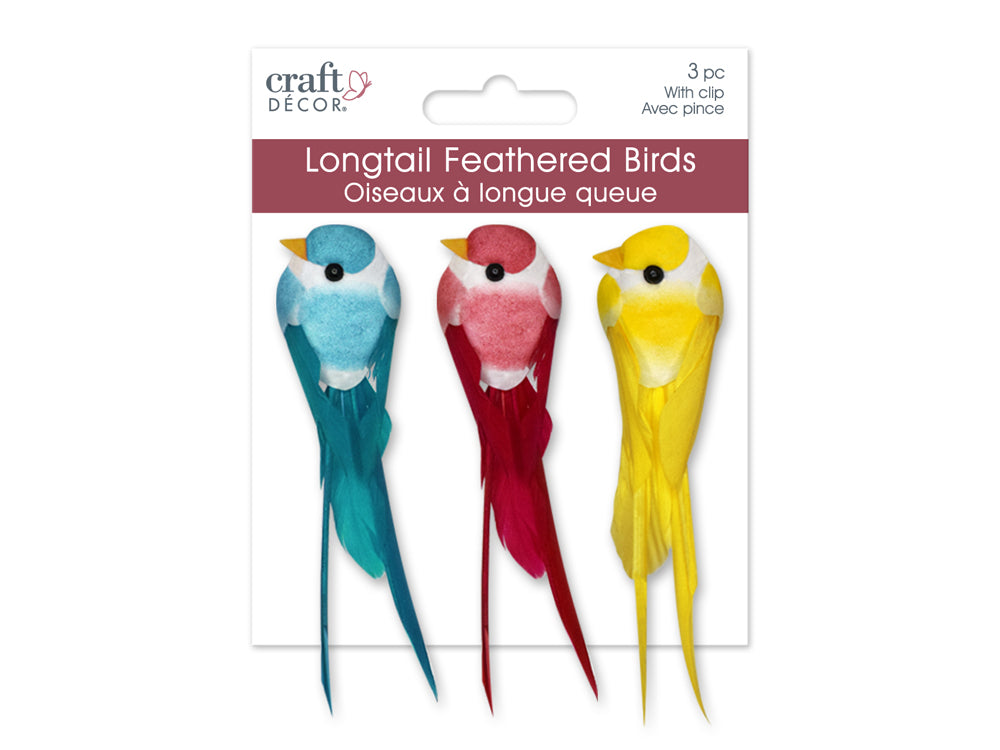 Craft Decor: 3.25" Mini Longtail Bird x3 w/Gator Clip A) Brights