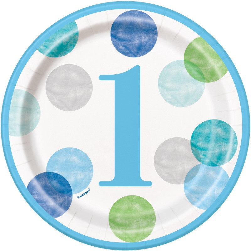 Blue Dots 1st Birthday Round 7" Dessert Plates  8ct