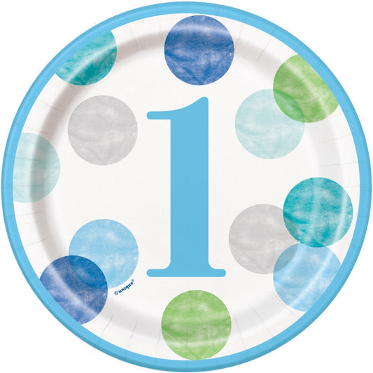 Blue Dots 1st Birthday Round 7" Dessert Plates  8ct
