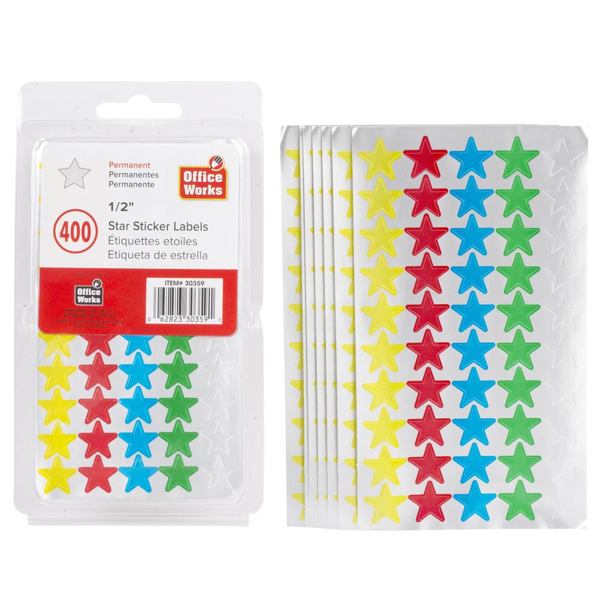 O.WKs. 1/2" Colour Star Labels, 400-pc., clam pack