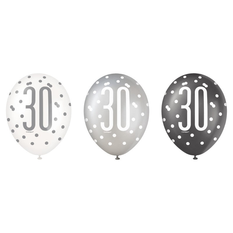 6ct Glitz Black Number 30 Assorted 12" Latex Balloons