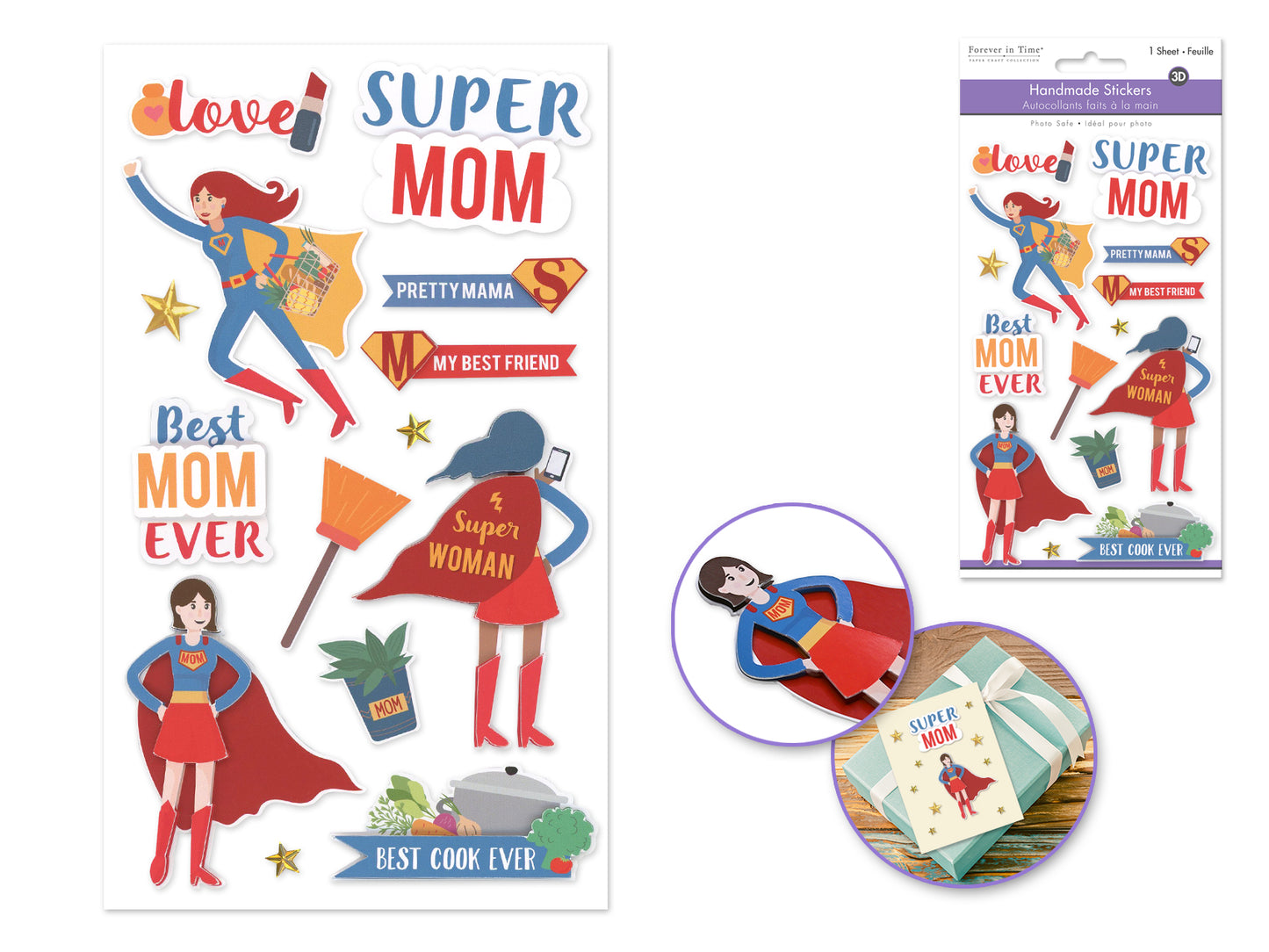 Handmade Sticker: 4.4"x7.5" 3D Themed Elements D) Super Mom