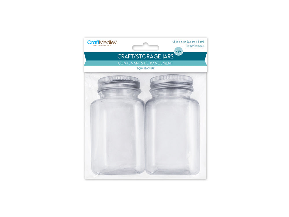 Craft Storage: 4.5x8cm (110ml) Plastic DIY Square Jar 2pc w/Alum Screw-Top