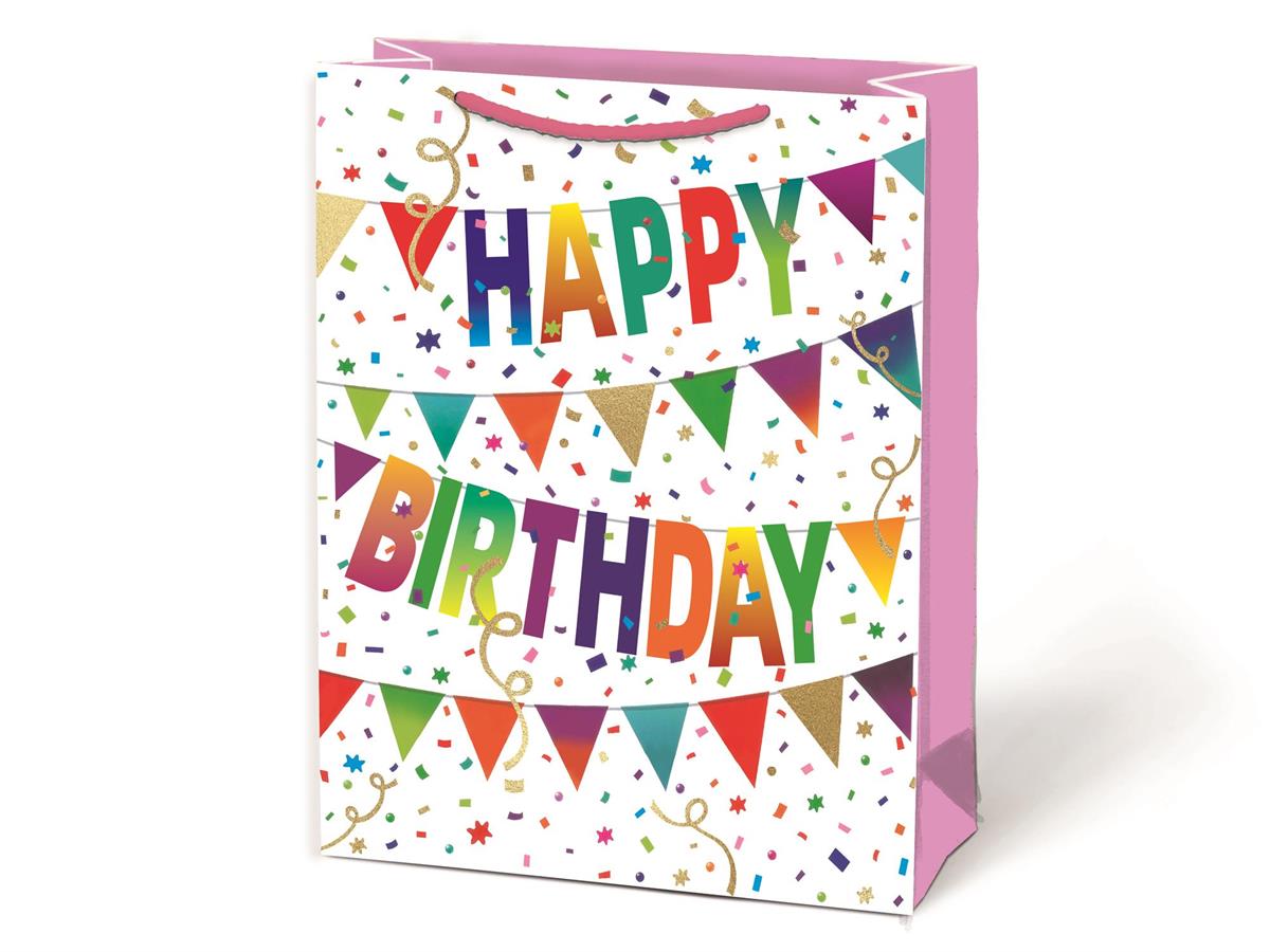 Paper T. Gift Bag, Large, Bday Banner, Matte/HS, 157GSM, tag+j-hook