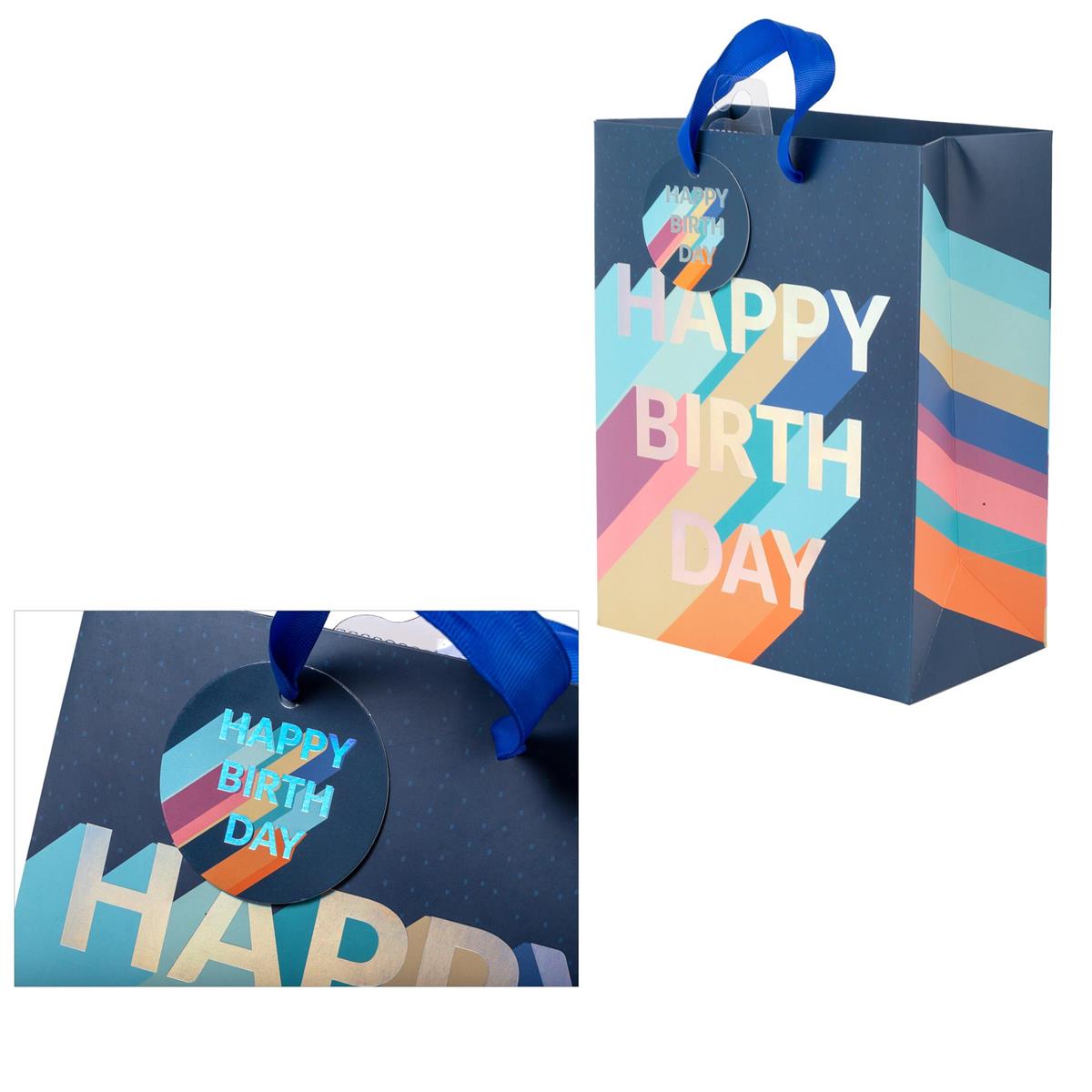 Paper T. DLX Gift Bag, Medium, Navy Bday, Matte 210GSM, HS Tag +j-hook