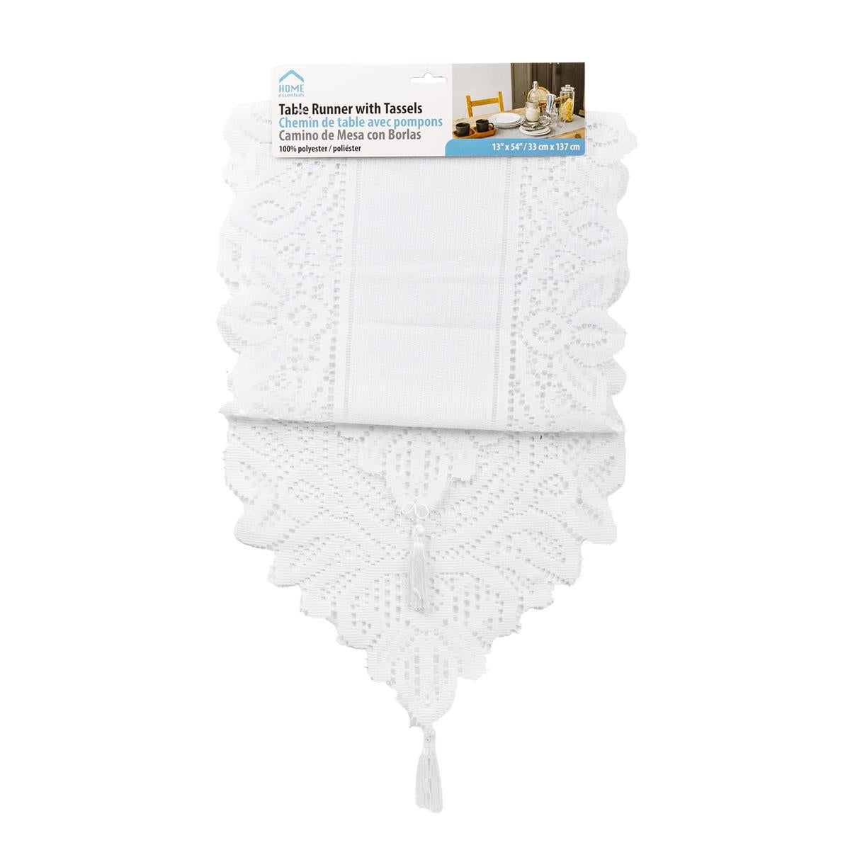 H.E. Table Runner w/Tassel, White, 13" x 54", header card