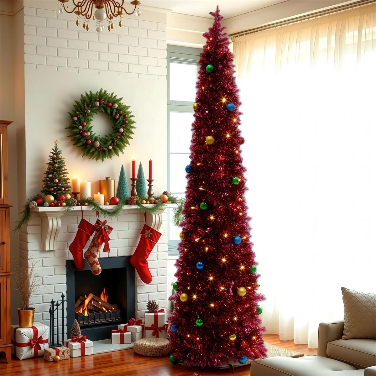 Deco N. 5ft Pop-Up Xmas Tree w/100 LED Lights & 36 Balls, ETL, Red, boxwhite box with color label