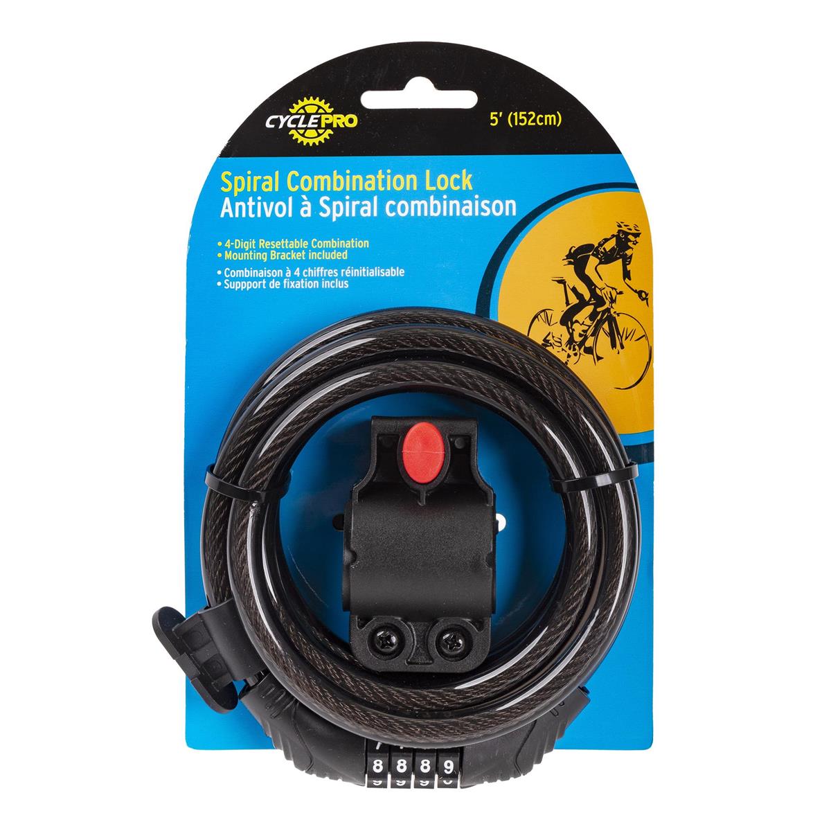 CYCLEPRO Spiral Lock w/4 digit Black, 9mm diameter x 5' length