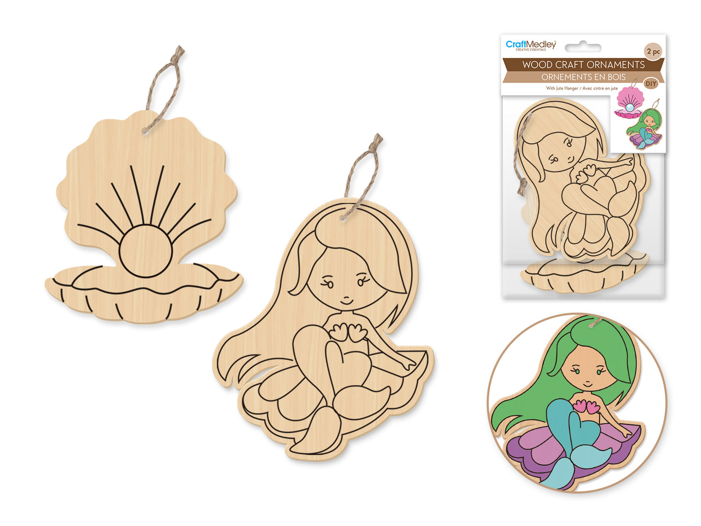 Wood Craft: Wood Ornaments x2 Asst Printed w/Jute Cord Hanger A) Mermaid
